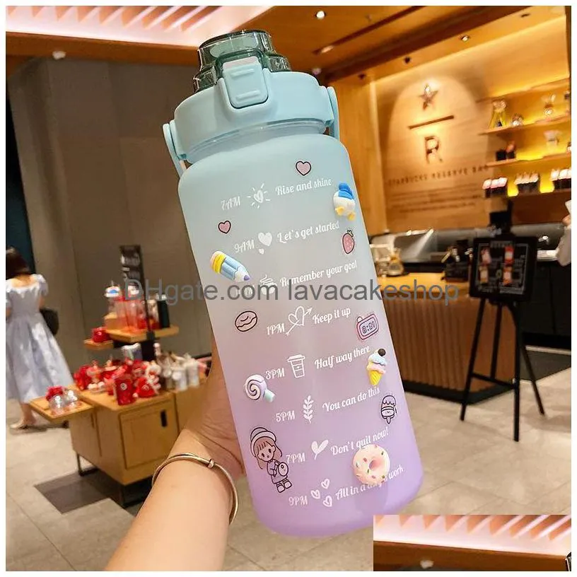 2 liter large capacity motivational with time marker fitness jugs gradient color plastic water bottle frosted stickers cup 220307