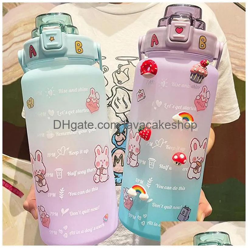 2 liter large capacity motivational with time marker fitness jugs gradient color plastic water bottle frosted stickers cup 220307