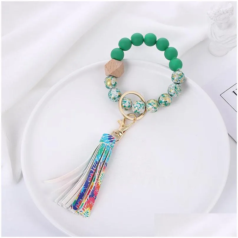 35 colors acrylic bead bracelet keychainparty favor wooden beads bracelets keychain pu tassel anti loss wristlet key ring t9i001647