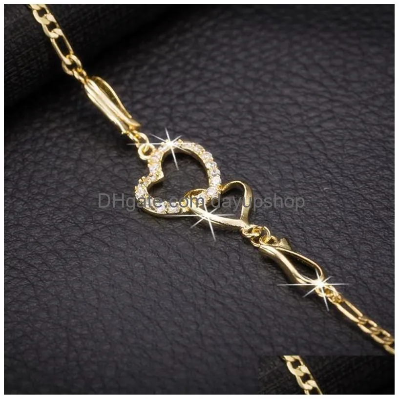 women summer beach feet jewelry gold silver rose gold adjustable cz double hearts anklet chain bracelet for wedding party 295 w2