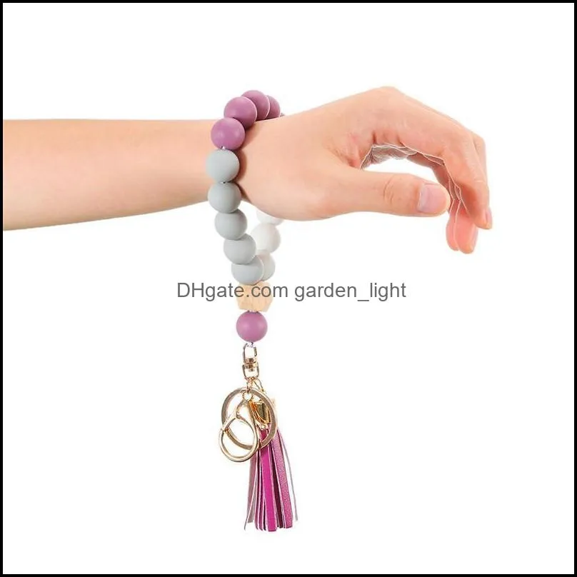 silicone key ring bracelet beaded wrislet keychain portable keys holder tassel chain wooden wristlet bangle keyrings chain pab14770