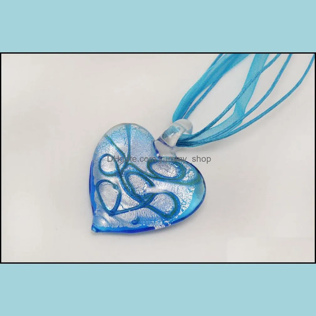 fashion glass heart shape flower pendant necklace wholesale 6pcs handmade mixed color murano lampwork