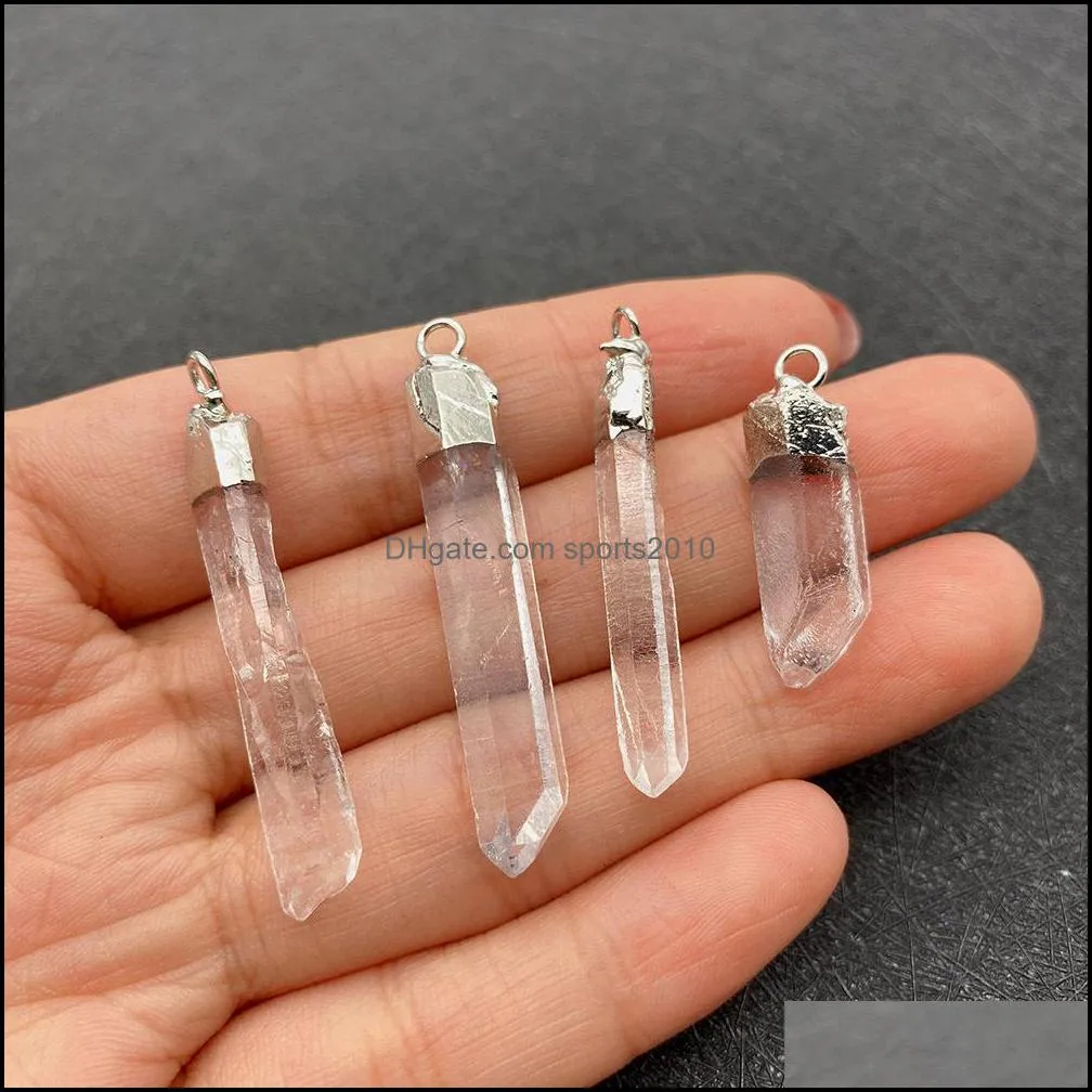 natural rock white crystal quartz stone charms decorate connecter pillar pendants silver gold edge trendy jewelry making sports2010