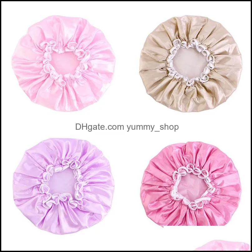 women girl solid color double layer satin night hat waterproof sleep caps bath headwear hair care elastic beanie