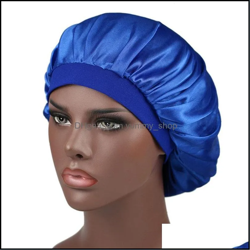 wide band elastic solid color satin night hat for women girl soft sleeping caps bonnet beanie fashion headwear