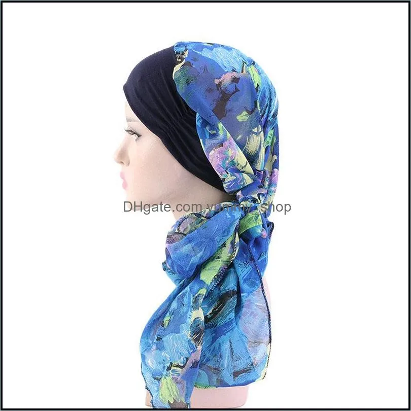 chiffon long tail hat beanie multicolor flower print head wrap caps for women girl fashion accessories