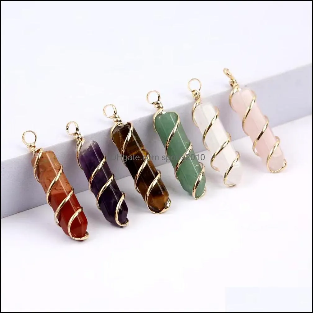 fashion gold wire wrap stone charms bullet shape point chakra pendants for jewelry making sports2010