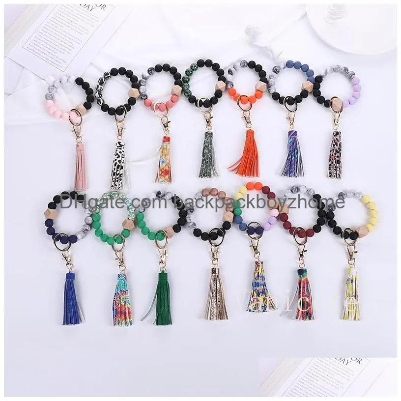 35 colors acrylic bead bracelet keychainparty favor wooden beads bracelets keychain pu tassel anti loss wristlet key ring t9i001647