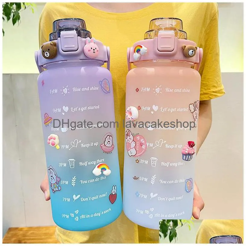 2 liter large capacity motivational with time marker fitness jugs gradient color plastic water bottle frosted stickers cup 220307