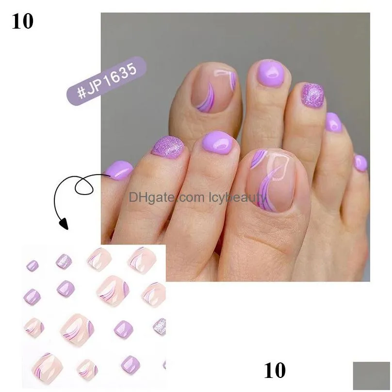 false nails 24pcs toe full cover wearable fake toenail art finished removable nail stickers press on with glue