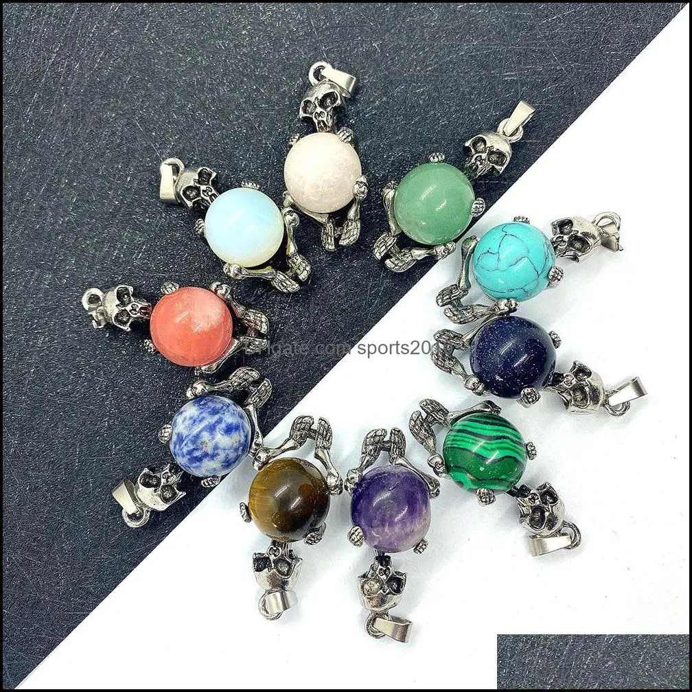 vintage skeleton natural crystal stones skull charms round tiger eye black onyx rose quartz stone ball charm beads pendants for jewelry sports2010