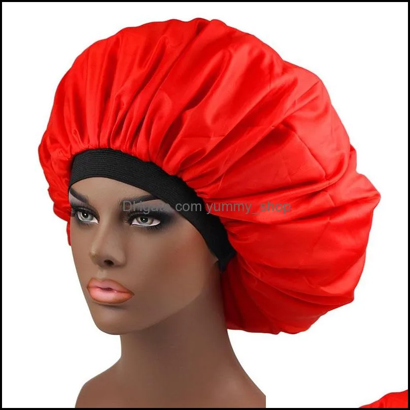 solid color extra large double layer night hats women lady satin sleep caps hair care bath headwear fashion accessories