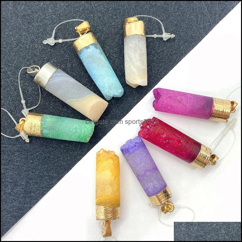 colorful druzy crystal stone cylindrical charms pendant for jewelry making chakra reiki healing green pink yellow pendants sports2010