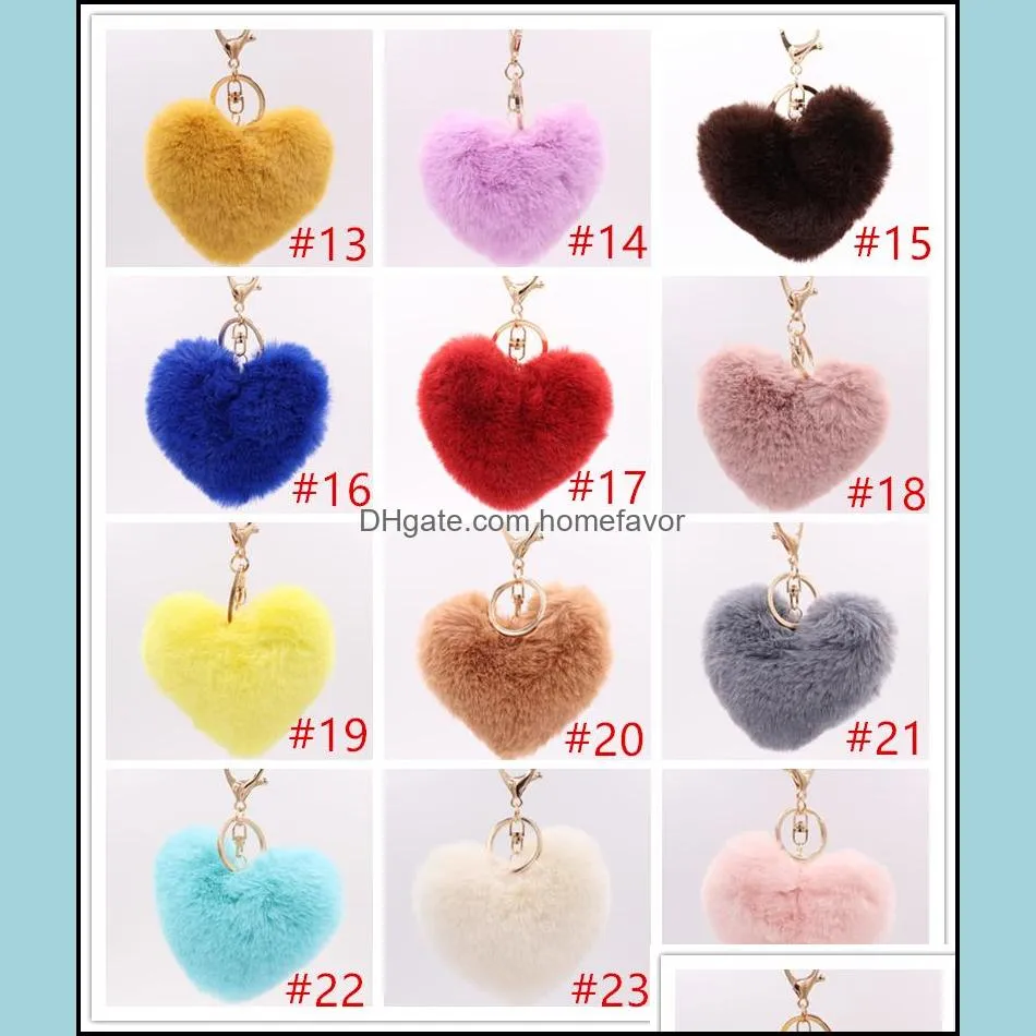 lovely heart keychains womens pom poms faux rex rabbit fur ball key chains girl bag hang car key ring pendant party gift 10pcs