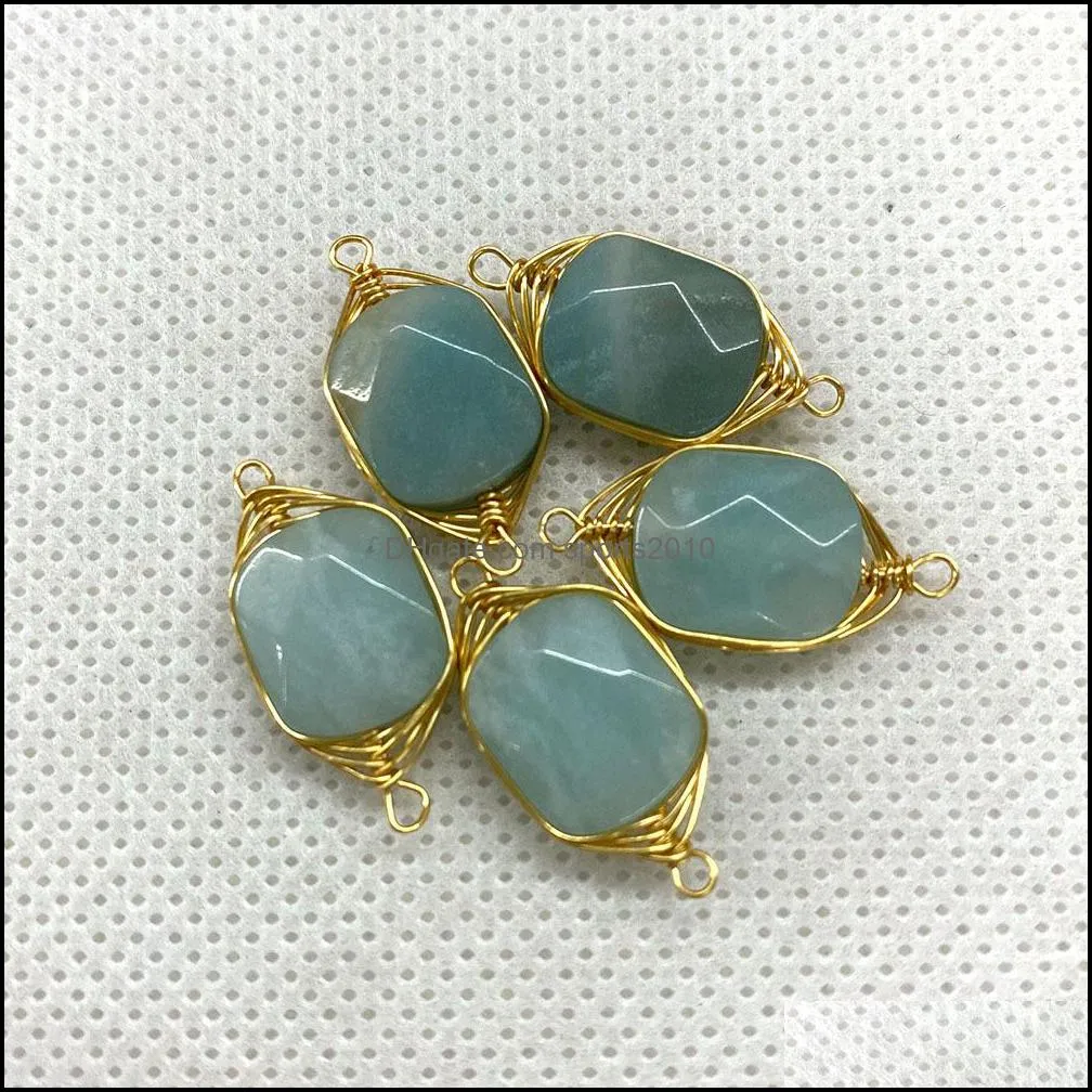 gold wire wrap natural stone charms green rose quartz crystal connector pendant for earrings necklace 11x22mm sports2010