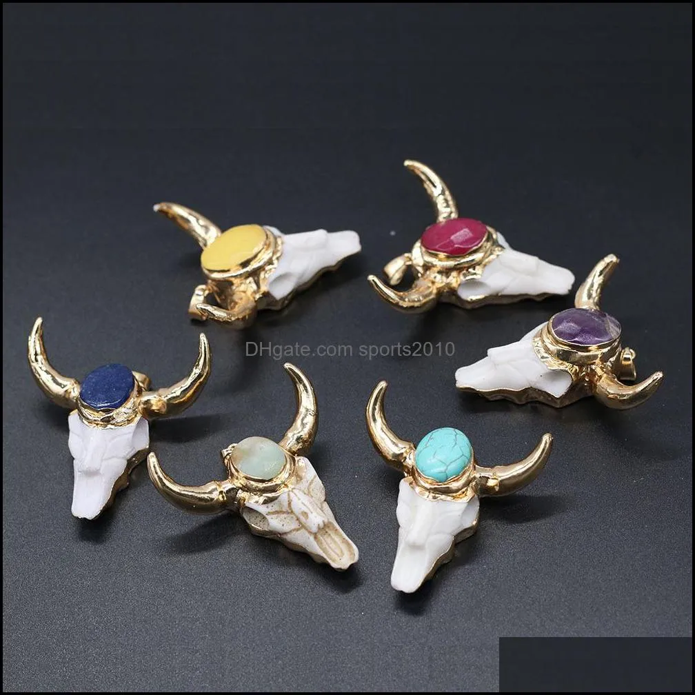 gold ox cow bones head shape quartz healing reiki stone charms crystal pendant fashion jewelry 46x46mm sports2010