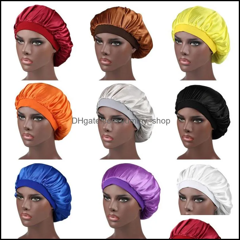 wide band elastic solid color satin night hat for women girl soft sleeping caps bonnet beanie fashion headwear
