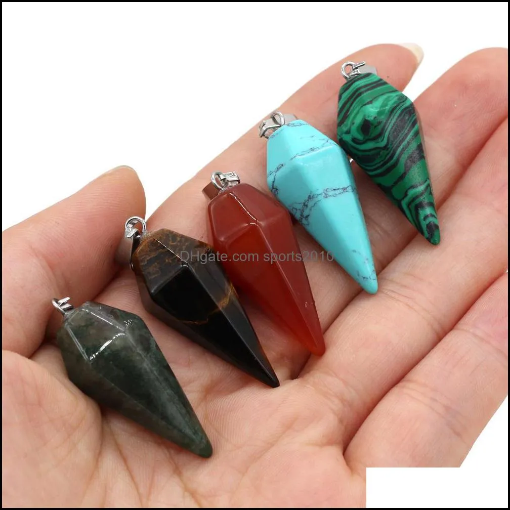 natural stone charms cone pendulum pendant green blue rose quartz healing reiki crystal finding for diy necklaces women fashion jewelry sports2010