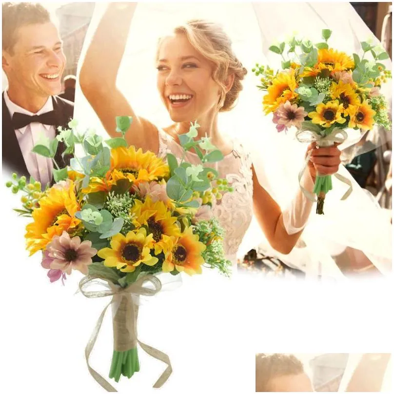 decorative flowers wreaths artificial sunflower bouquet silk fake flower diy wedding bouquets centerpieces arrangements party home