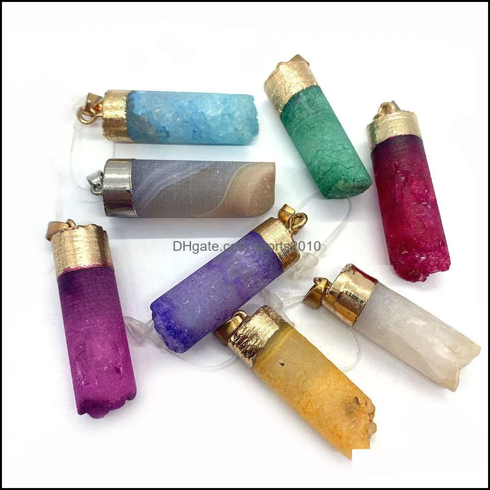 colorful druzy crystal stone cylindrical charms pendant for jewelry making chakra reiki healing green pink yellow pendants sports2010