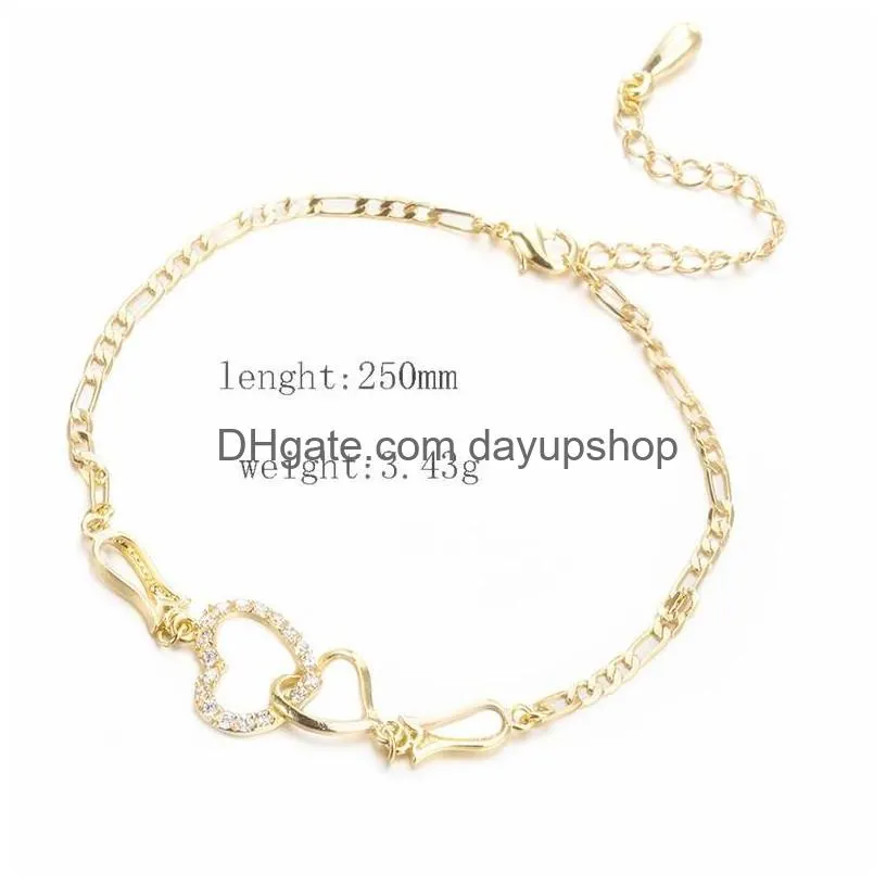 women summer beach feet jewelry gold silver rose gold adjustable cz double hearts anklet chain bracelet for wedding party 295 w2