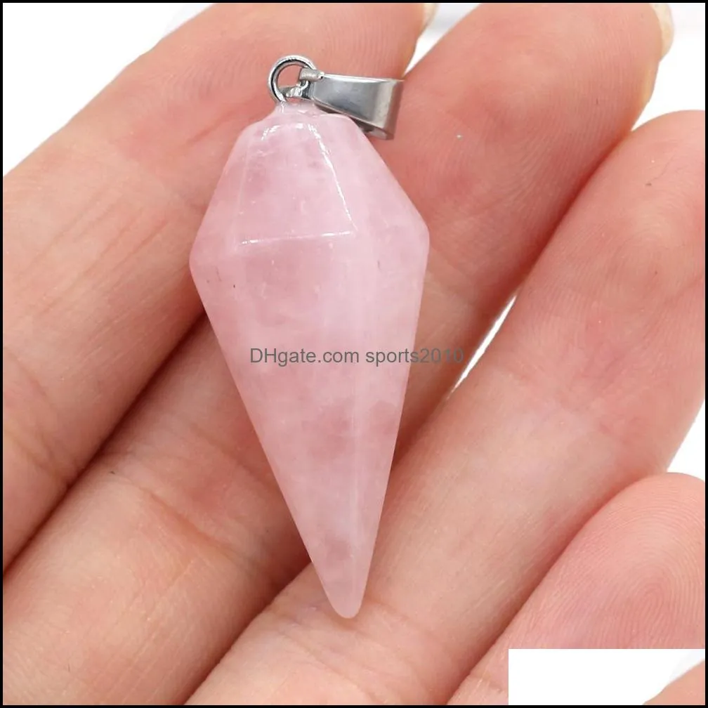 natural stone charms cone pendulum pendant green blue rose quartz healing reiki crystal finding for diy necklaces women fashion jewelry sports2010