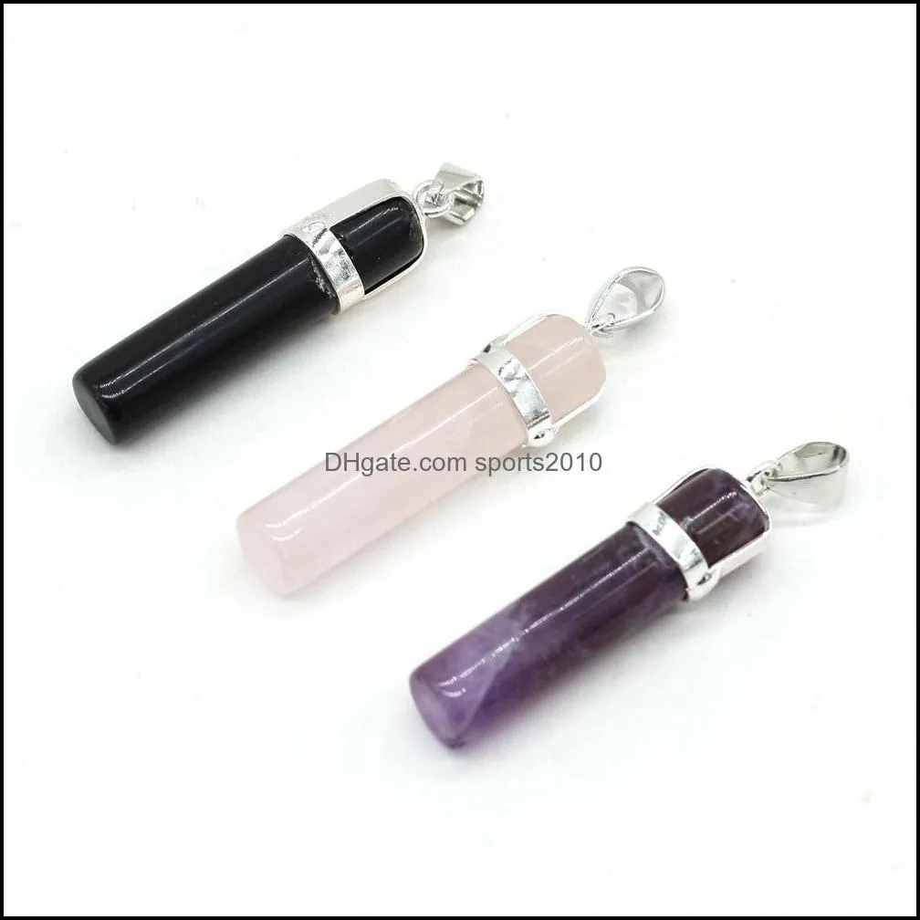 healing cylinder pillar pink amethyst black agate stone charms rose quartz crystal pendant diy necklace women fashion jewelry finding sports2010