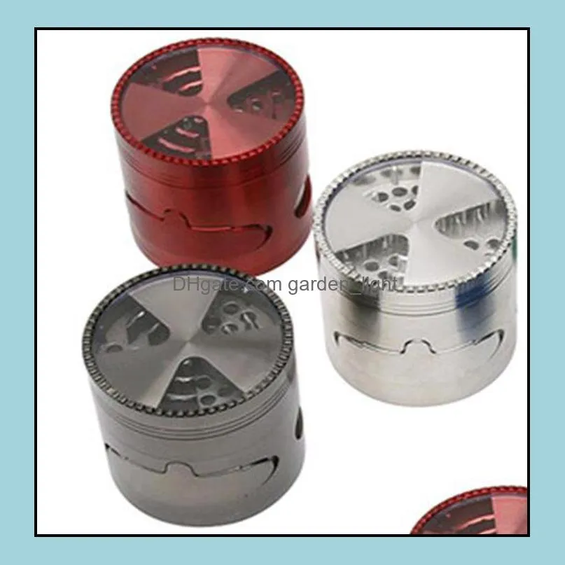 creative metal smoke grinder with drawer three leaf transparent skylight signal tooth 4 layer zinc alloy smoke crusher 63mm wq254