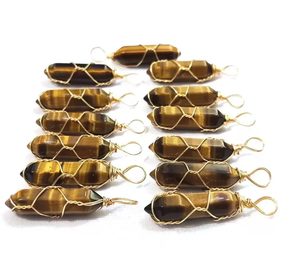 gold wire wrap natural stone charms tiger eye pillar bullet shape point chakra pendants for jewelry making handmade craft sports2010