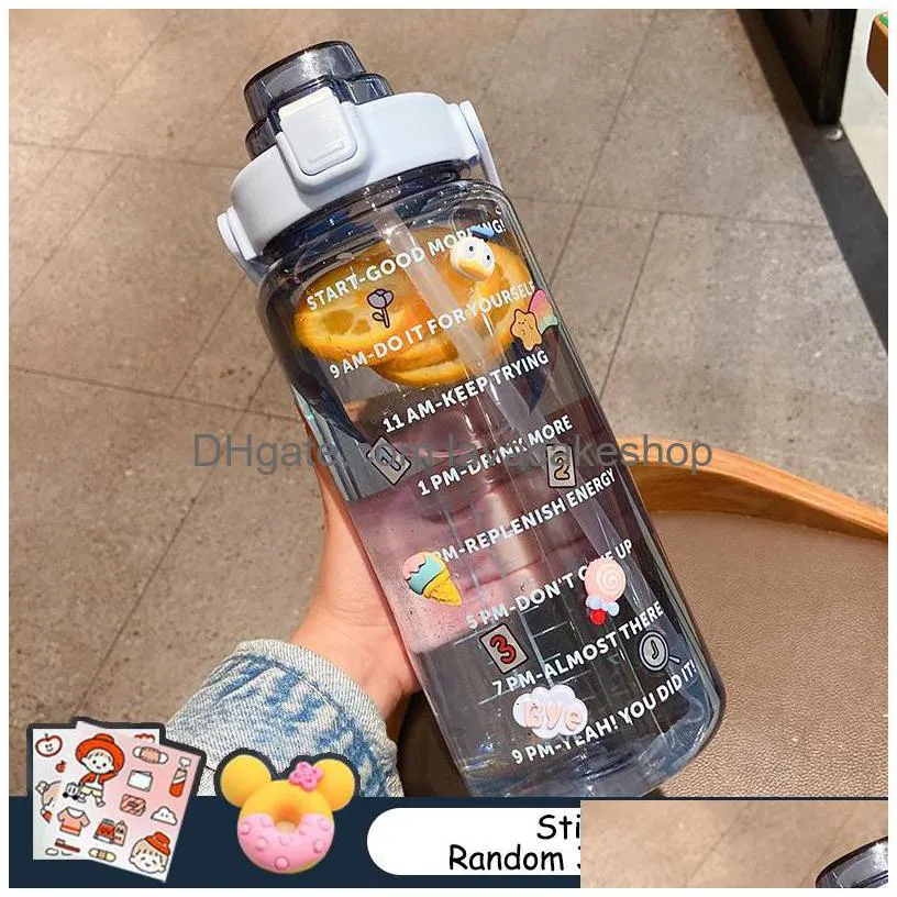 2 liter large capacity motivational with time marker fitness jugs gradient color plastic water bottle frosted stickers cup 220307