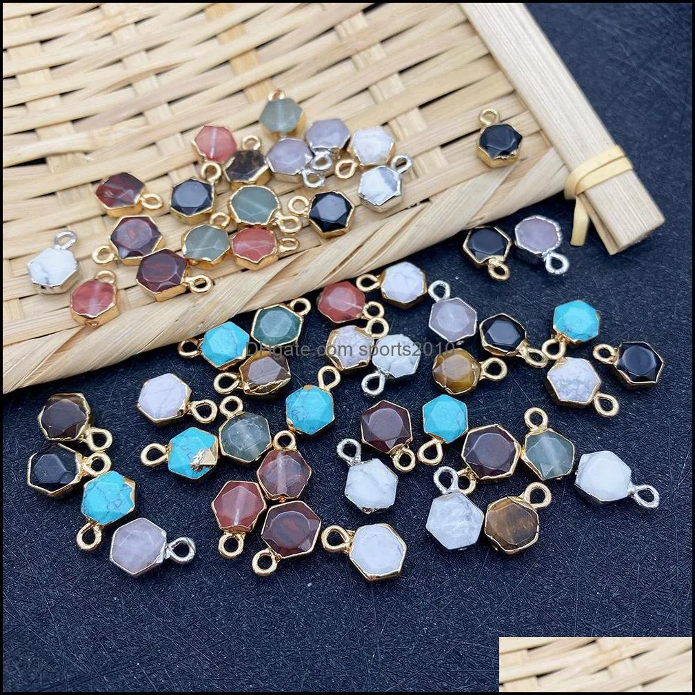 8x12mm gold edge natural crystal hexagon stone charms rose quartz turquoise pendants trendy for jewelry making sports2010