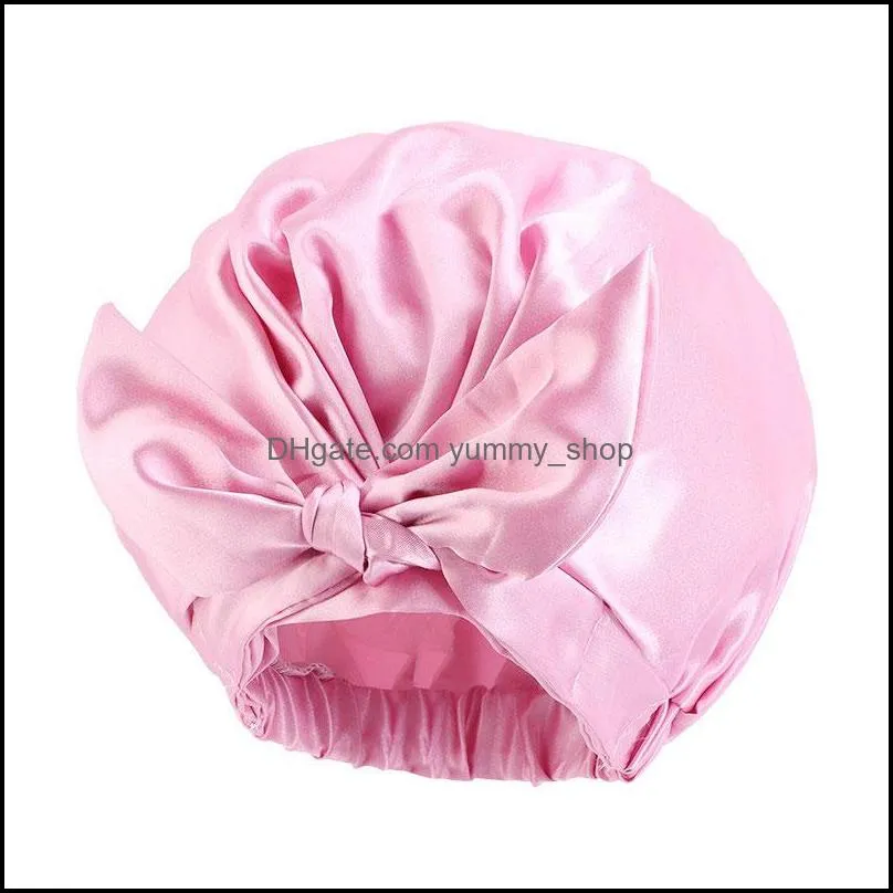 solid color satin waterproof knot bath hats for women girl double layer elastic caps bonnet hair care fashion accessories