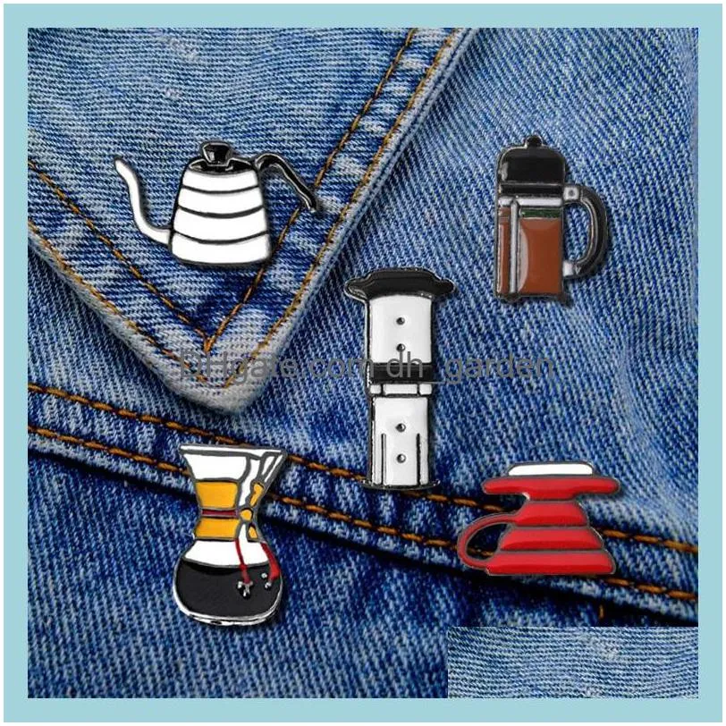 customized coffee pot hard enamel brooches cartoon cute fashion creative  shirt badge for women men jewelry metal polo collar enamel pin 6029