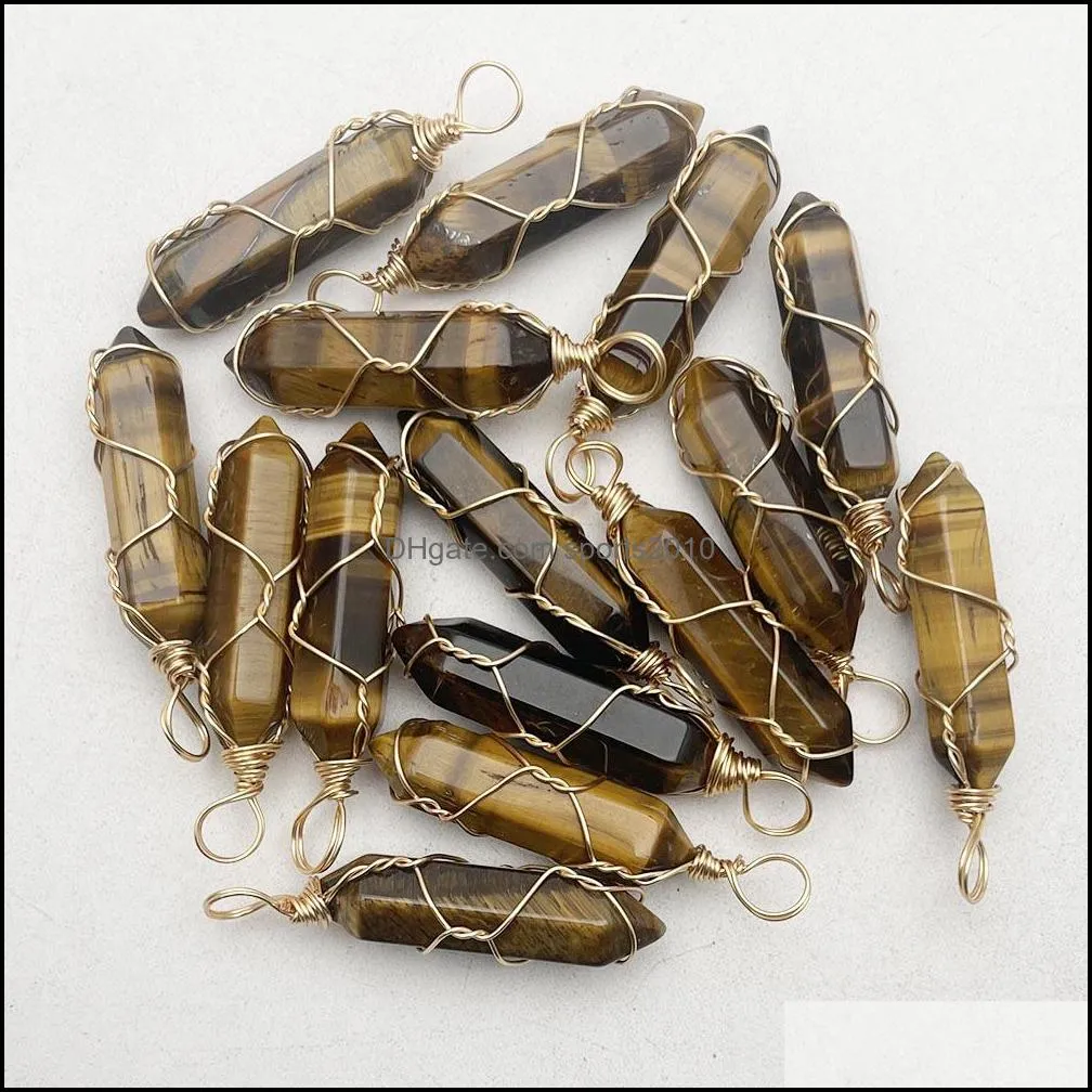 gold wire wrap natural stone charms tiger eye pendulum necklace pendant for jewelry making charm accessories sports2010