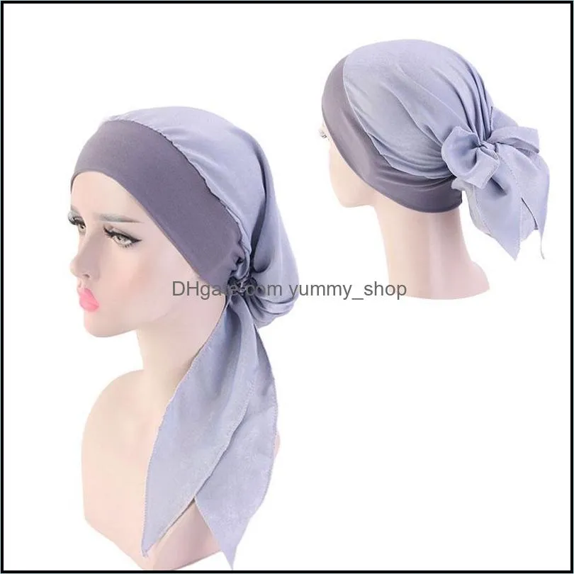 women girl satin wide band solid color caps bonnet headwrap cancer chemo beanie headwear hair accessories
