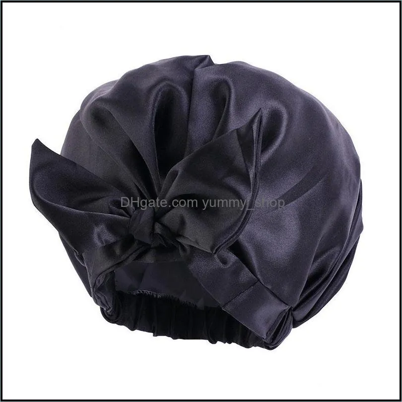 solid color satin waterproof knot bath hats for women girl double layer elastic caps bonnet hair care fashion accessories