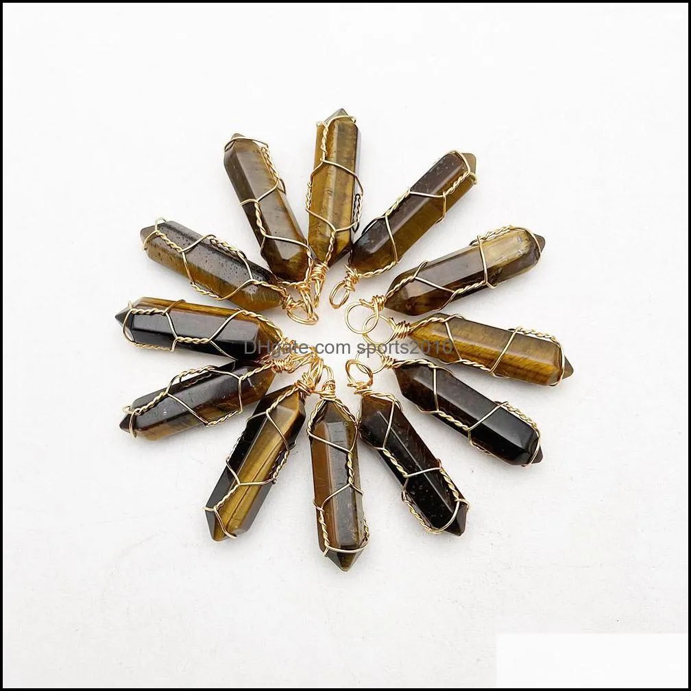 gold wire wrap natural stone charms tiger eye pendulum necklace pendant for jewelry making charm accessories sports2010