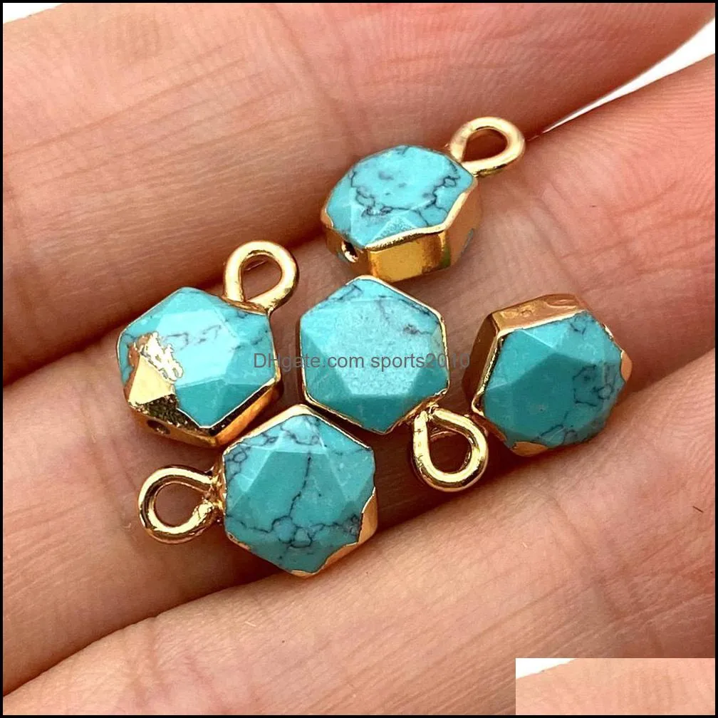 8x12mm gold edge natural crystal hexagon stone charms rose quartz turquoise pendants trendy for jewelry making sports2010