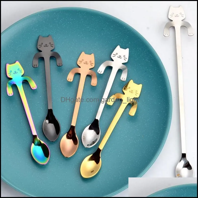 stainless steel spoons cute cat hanging cup coffee spoon teaspoon dessert snack scoop ice cream mini spoons tableware pad11319