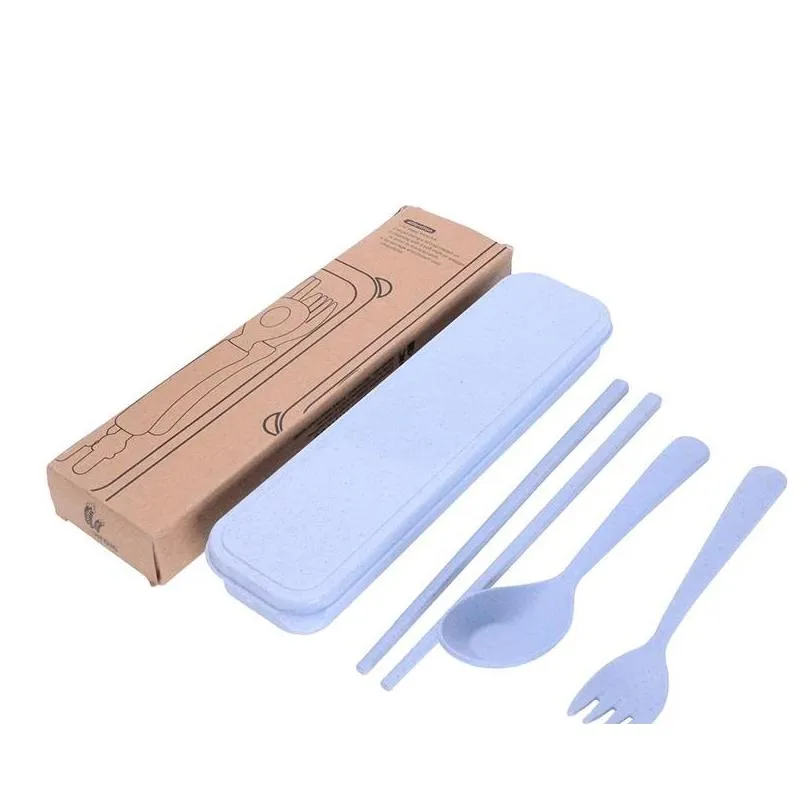 sublimation cutlery set reusable spoons fork chopsticks spoon set portable travel kids adult wheat straw tableware dinnerware sets