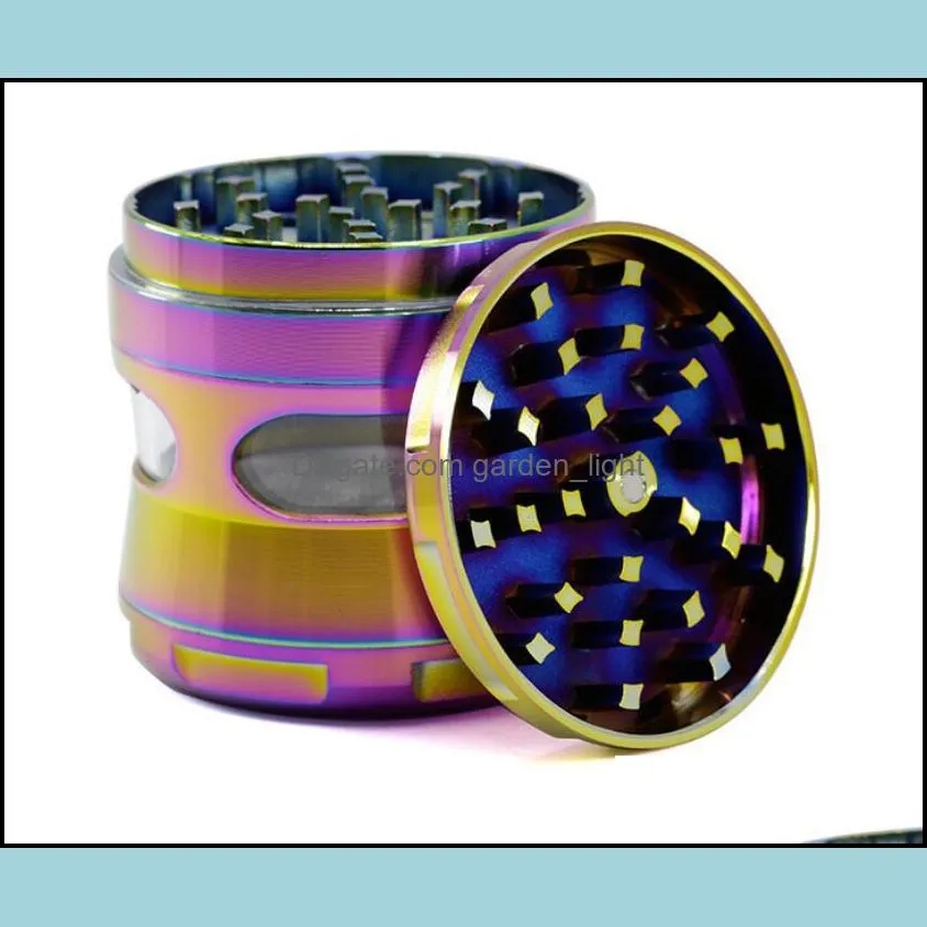 smoking herb grinder rainbow metal tobacco grinders with side window hand muller colorful tobaccogrinders 4 layers spice crusher smoke accessories