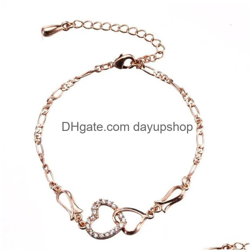 women summer beach feet jewelry gold silver rose gold adjustable cz double hearts anklet chain bracelet for wedding party 295 w2
