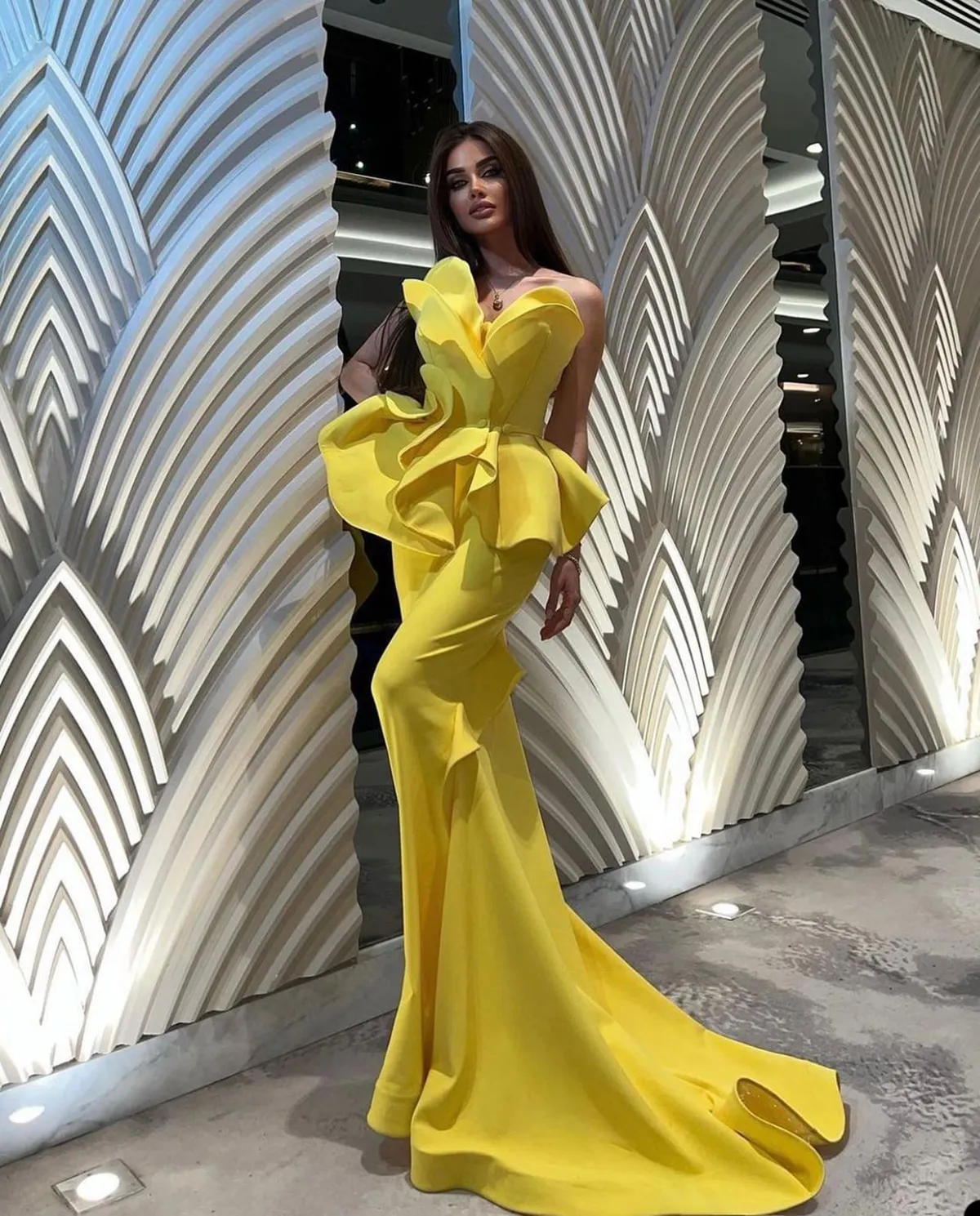 Casual Designed Yellow Mermaid Evening Dresses Sweetheart Pleat Sleeveless Prom Dress Simple Formal Party Gowns