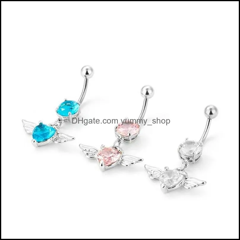 angel wings heart navel ring zircon sexy long belly ring heart piercing surgical women belly button ring navel jewelry