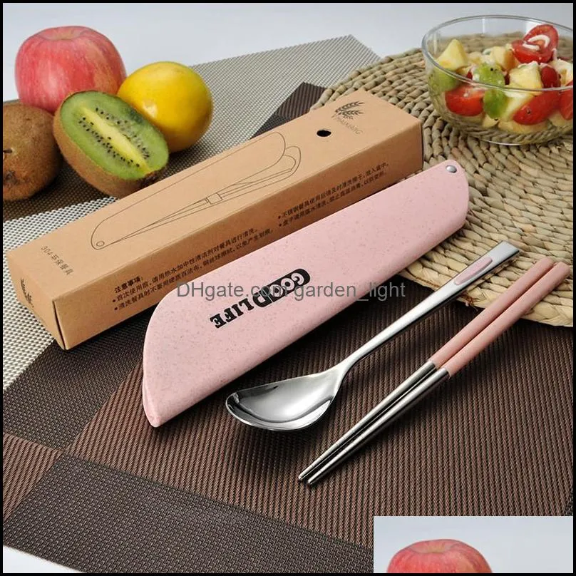 stainless steel cutlery set wheat straw box metal spoon chopsticks cutltery set protable antislip tableware set