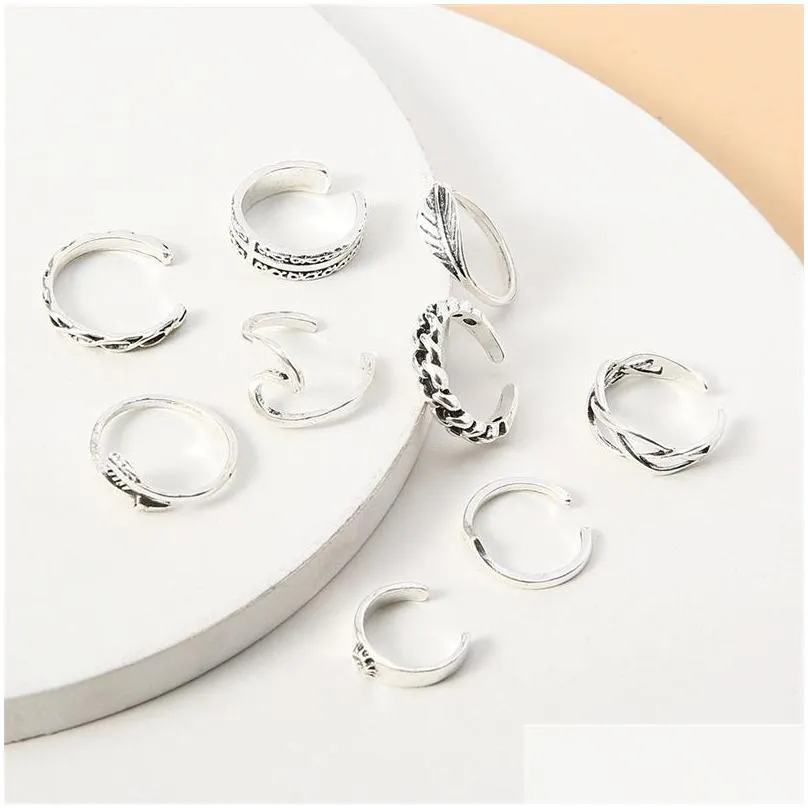 new beach hollow leaf geometric joint 9 pieces open foot ring set toe rings 218 w2