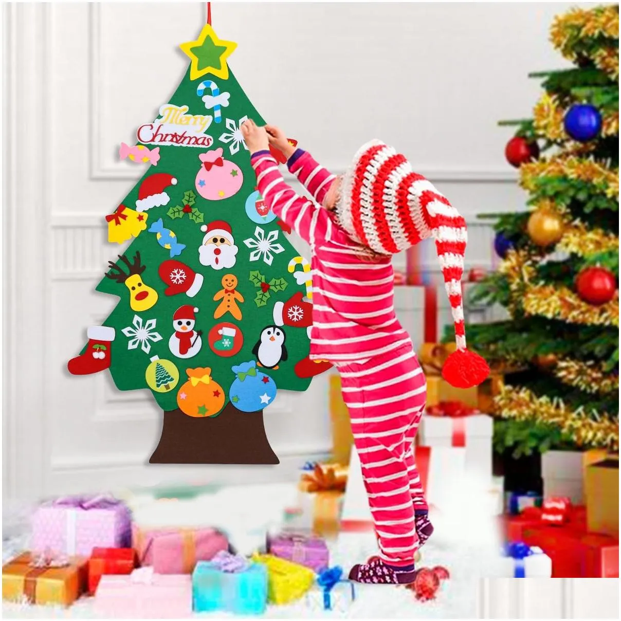 handmade diy felt christmas tree with ornaments children kid santa claus xmas year door wall hanging decoration manual accessories