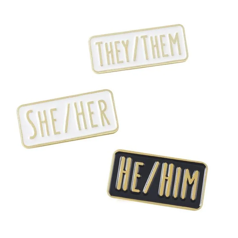 simple pronouns enamel pins custom brooches he him she her they them black white lapel badges fun jewelry gift for friends 6202 q2