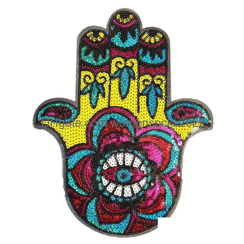 sewing notions iron on or sew on sequin colorful hand eyes embroidered badge motif applique clothing jeans t shirt 10 colors