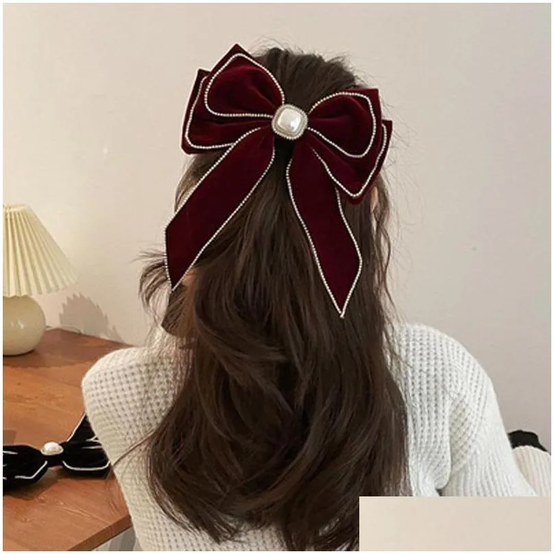 hair clips barrettes fashion retro pearl cloth bow knot sweet temperament ribbon hairpin large back brain spring clip womens metal